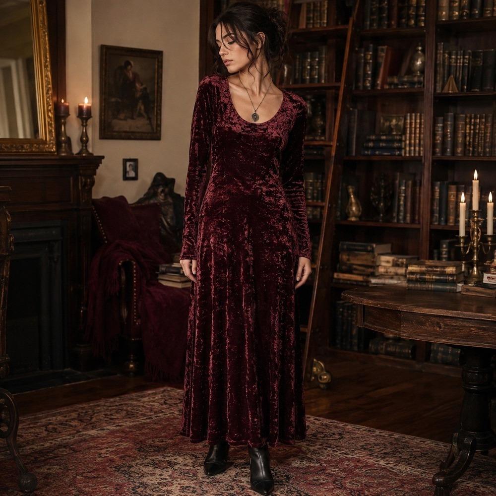 Vintage 90s KC Spencer Burgundy Velvet Maxi Dress 10 Whimsigoth Goth USA